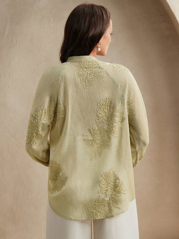 Anewsta Women's Floral Embroidery & Sequin Embellished V-Neck Long Sleeve Elegant Blouse, Suitable For Work Anewsta Women's Floral Embroidery & Sequin Embellished V-Neck Long Sleeve Elegant Blouse, Suitable For Work