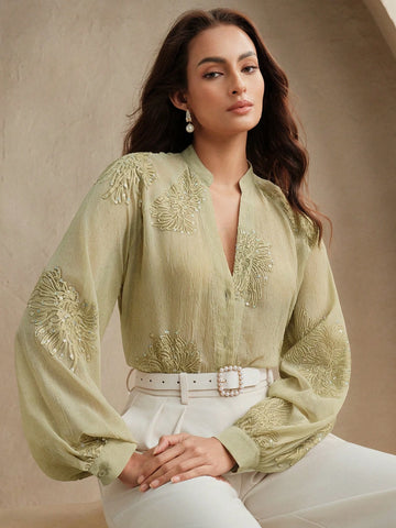 Anewsta Women's Floral Embroidery & Sequin Embellished V-Neck Long Sleeve Elegant Blouse, Suitable For Work Anewsta Women's Floral Embroidery & Sequin Embellished V-Neck Long Sleeve Elegant Blouse, Suitable For Work