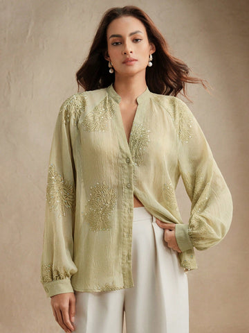 Anewsta Women's Floral Embroidery & Sequin Embellished V-Neck Long Sleeve Elegant Blouse, Suitable For Work Anewsta Women's Floral Embroidery & Sequin Embellished V-Neck Long Sleeve Elegant Blouse, Suitable For Work