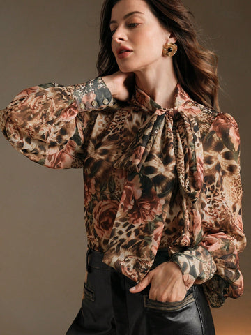 Anewsta Women's Floral & Leopard Print Bow Collar Blouse, Chic & Elegant, Autumn/Winter Anewsta Women's Floral & Leopard Print Bow Collar Blouse, Chic & Elegant, Autumn/Winter