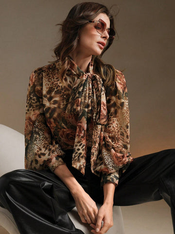 Anewsta Women's Floral & Leopard Print Bow Collar Blouse, Chic & Elegant, Autumn/Winter Anewsta Women's Floral & Leopard Print Bow Collar Blouse, Chic & Elegant, Autumn/Winter