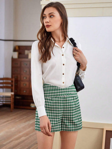 Anewsta Women's Green Plaid High Waist Crisscross Shorts Anewsta Women's Green Plaid High Waist Crisscross Shorts