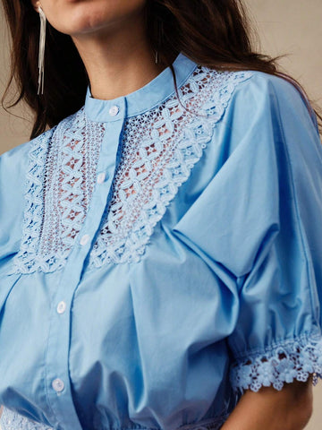 Anewsta Women's Solid Color Splice Short Sleeve Shirt With Single-Breasted Puff Sleeve For Summer Anewsta Women's Solid Color Splice Short Sleeve Shirt With Single-Breasted Puff Sleeve For Summer