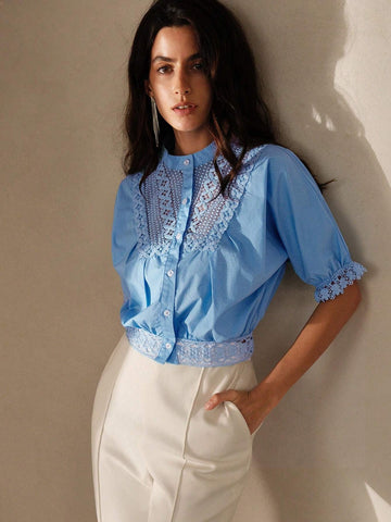 Anewsta Women's Solid Color Splice Short Sleeve Shirt With Single-Breasted Puff Sleeve For Summer Anewsta Women's Solid Color Splice Short Sleeve Shirt With Single-Breasted Puff Sleeve For Summer