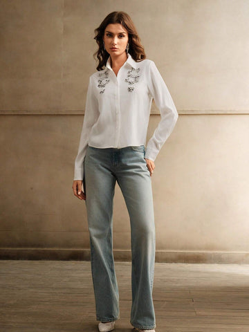 Anewsta Women's Spring/Fall Long Sleeve Elegant Blouse With Rhinestone Flower Decor Anewsta Women's Spring/Fall Long Sleeve Elegant Blouse With Rhinestone Flower Decor