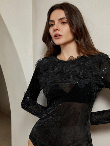 Anewsta Women's Spring Autumn Rhinestone Decor Crew Neck Long Sleeve Bodysuit Anewsta Women's Spring Autumn Rhinestone Decor Crew Neck Long Sleeve Bodysuit