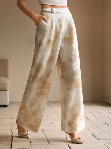 Anewsta Women's Tie-Dye Print Pocket Belted Wide Leg Loose Elegant Pants Anewsta Women's Tie-Dye Print Pocket Belted Wide Leg Loose Elegant Pants