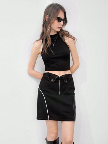 Anewsta Zipper Fold Over Waist Skirt Anewsta Zipper Fold Over Waist Skirt