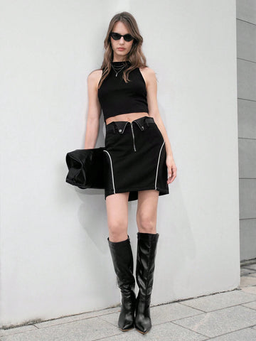 Anewsta Zipper Fold Over Waist Skirt Anewsta Zipper Fold Over Waist Skirt