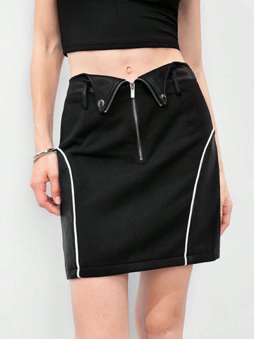 Anewsta Zipper Fold Over Waist Skirt Anewsta Zipper Fold Over Waist Skirt