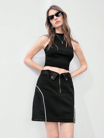 Anewsta Zipper Fold Over Waist Skirt Anewsta Zipper Fold Over Waist Skirt