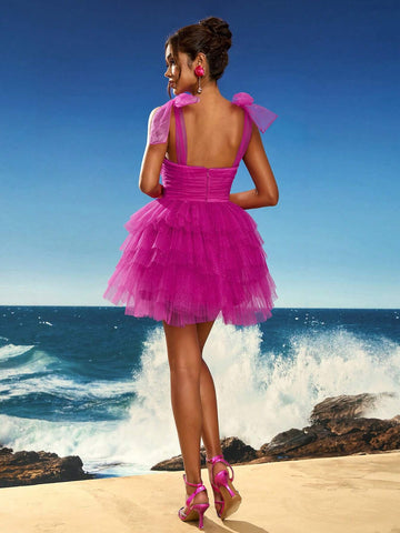 Anymoon Bow Strap Mesh Party Dress Suitable For Music Festivals, Graduations, Homecomings, Parties, Cocktail Parties And More Anymoon Bow Strap Mesh Party Dress Suitable For Music Festivals, Graduations, Homecomings, Parties, Cocktail Parties And More