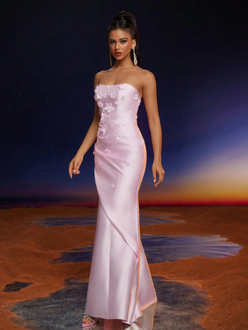Anymoon Strapless 3D Hand Floral Ruffle Trim Mermaid Bridesmaid Dress Anymoon Strapless 3D Hand Floral Ruffle Trim Mermaid Bridesmaid Dress