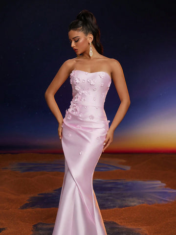 Anymoon Strapless 3D Hand Floral Ruffle Trim Mermaid Bridesmaid Dress Anymoon Strapless 3D Hand Floral Ruffle Trim Mermaid Bridesmaid Dress