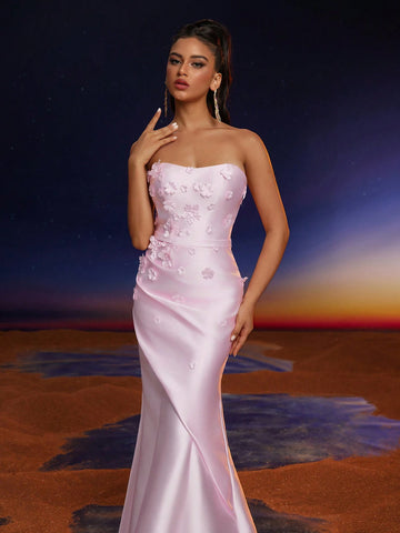 Anymoon Strapless 3D Hand Floral Ruffle Trim Mermaid Bridesmaid Dress Anymoon Strapless 3D Hand Floral Ruffle Trim Mermaid Bridesmaid Dress
