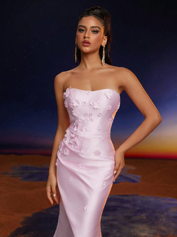 Anymoon Strapless 3D Hand Floral Ruffle Trim Mermaid Bridesmaid Dress Anymoon Strapless 3D Hand Floral Ruffle Trim Mermaid Bridesmaid Dress