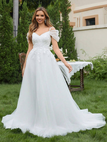 Appliques Cold Shoulder Mesh Wedding Dress Appliques Cold Shoulder Mesh Wedding Dress