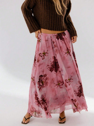 Aralina Floral Printed Vibrant Pink Flowing Silhouette Midi Skirt Aralina Floral Printed Vibrant Pink Flowing Silhouette Midi Skirt