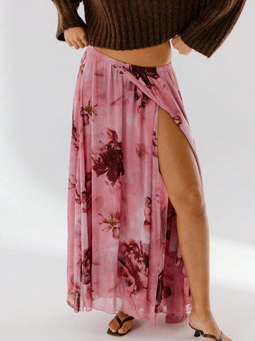 Aralina Floral Printed Vibrant Pink Flowing Silhouette Midi Skirt Aralina Floral Printed Vibrant Pink Flowing Silhouette Midi Skirt