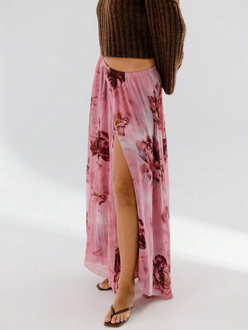 Aralina Floral Printed Vibrant Pink Flowing Silhouette Midi Skirt Aralina Floral Printed Vibrant Pink Flowing Silhouette Midi Skirt