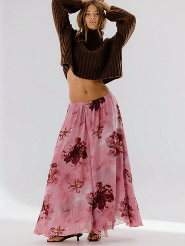 Aralina Floral Printed Vibrant Pink Flowing Silhouette Midi Skirt Aralina Floral Printed Vibrant Pink Flowing Silhouette Midi Skirt