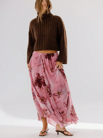 Aralina Floral Printed Vibrant Pink Flowing Silhouette Midi Skirt Aralina Floral Printed Vibrant Pink Flowing Silhouette Midi Skirt