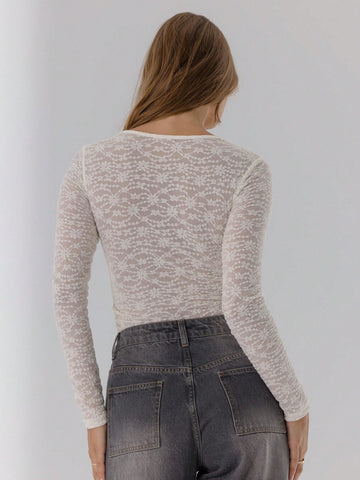 Aralina Sheer Lace Long Sleeve Deep V-Neck Feminine Fit Bodysuit Aralina Sheer Lace Long Sleeve Deep V-Neck Feminine Fit Bodysuit
