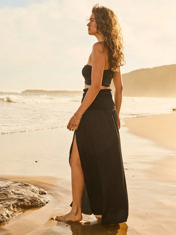 Aralina Women's Black Shirred Elastic Waist Long-Tiered Split Maxi Skirt Aralina Women's Black Shirred Elastic Waist Long-Tiered Split Maxi Skirt