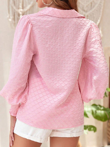 Astylish Solid Textured Lantern Sleeve Shirred Cuff Button Front Shirt Astylish Solid Textured Lantern Sleeve Shirred Cuff Button Front Shirt