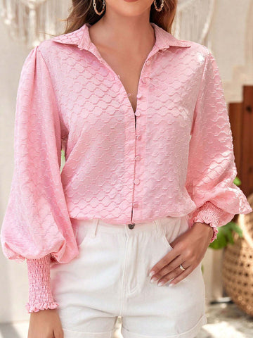Astylish Solid Textured Lantern Sleeve Shirred Cuff Button Front Shirt Astylish Solid Textured Lantern Sleeve Shirred Cuff Button Front Shirt