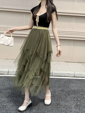 Asymmetrical Mesh Skirt For Women, High Waist Versatile Slimming Skirt, Spring 2024 New Arrival Asymmetrical Mesh Skirt For Women, High Waist Versatile Slimming Skirt, Spring 2024 New Arrival