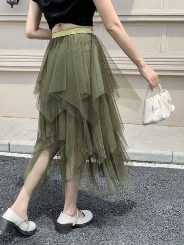 Asymmetrical Mesh Skirt For Women, High Waist Versatile Slimming Skirt, Spring 2024 New Arrival Asymmetrical Mesh Skirt For Women, High Waist Versatile Slimming Skirt, Spring 2024 New Arrival