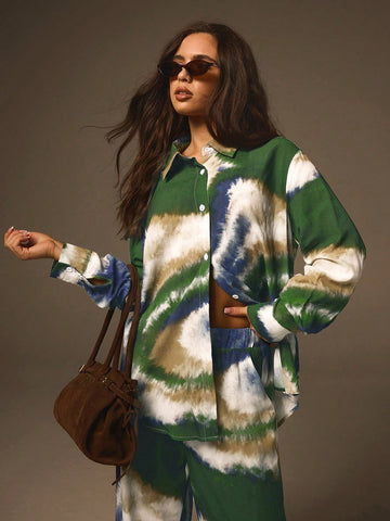 Athîral 2pcs/Set Women Tie-Dye Print Button Down Jacket And Full Length Pants Set Athîral 2pcs/Set Women Tie-Dye Print Button Down Jacket And Full Length Pants Set