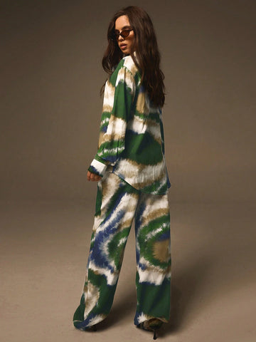 Athîral 2pcs/Set Women Tie-Dye Print Button Down Jacket And Full Length Pants Set Athîral 2pcs/Set Women Tie-Dye Print Button Down Jacket And Full Length Pants Set