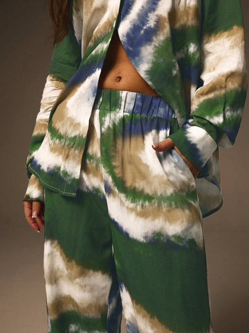 Athîral 2pcs/Set Women Tie-Dye Print Button Down Jacket And Full Length Pants Set Athîral 2pcs/Set Women Tie-Dye Print Button Down Jacket And Full Length Pants Set