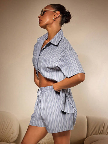 Athîral 2pcs Set Women Striped Short Sleeve Single-Breasted Shirt And Shorts Athîral 2pcs Set Women Striped Short Sleeve Single-Breasted Shirt And Shorts