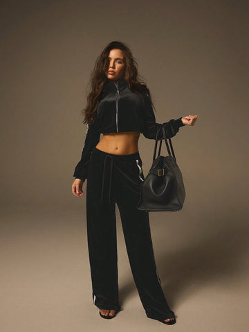 Athîral 2pcs Women Casual Contrast Trim Cropped Top And Long Pants Set, Autumn Athîral 2pcs Women Casual Contrast Trim Cropped Top And Long Pants Set, Autumn