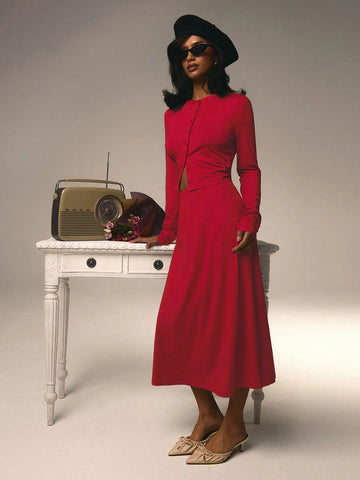 Athîral 2pcs Women Plain Red Color Long Sleeve Single-Breasted Top And Long Skirt Casual Set Valentine's Day Athîral 2pcs Women Plain Red Color Long Sleeve Single-Breasted Top And Long Skirt Casual Set Valentine's Day