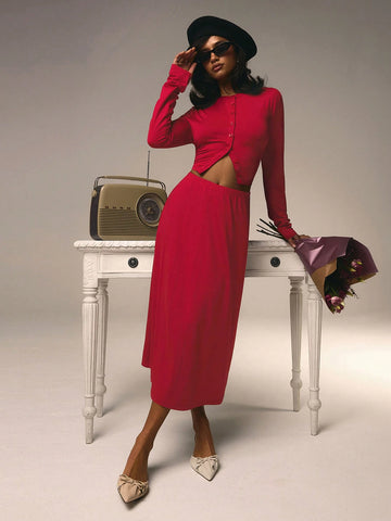 Athîral 2pcs Women Plain Red Color Long Sleeve Single-Breasted Top And Long Skirt Casual Set Valentine's Day Athîral 2pcs Women Plain Red Color Long Sleeve Single-Breasted Top And Long Skirt Casual Set Valentine's Day