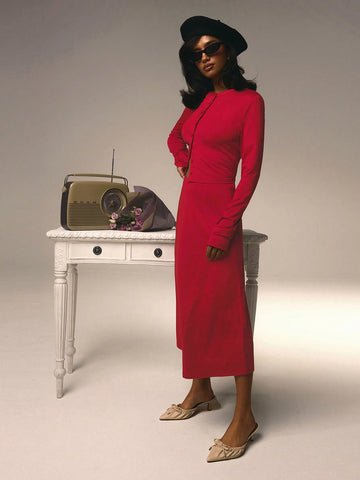 Athîral 2pcs Women Plain Red Color Long Sleeve Single-Breasted Top And Long Skirt Casual Set Valentine's Day Athîral 2pcs Women Plain Red Color Long Sleeve Single-Breasted Top And Long Skirt Casual Set Valentine's Day