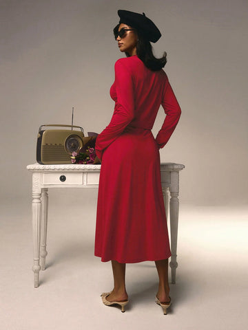Athîral 2pcs Women Plain Red Color Long Sleeve Single-Breasted Top And Long Skirt Casual Set Valentine's Day Athîral 2pcs Women Plain Red Color Long Sleeve Single-Breasted Top And Long Skirt Casual Set Valentine's Day