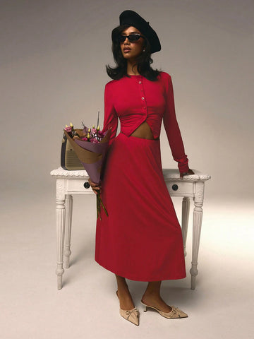 Athîral 2pcs Women Plain Red Color Long Sleeve Single-Breasted Top And Long Skirt Casual Set Valentine's Day Athîral 2pcs Women Plain Red Color Long Sleeve Single-Breasted Top And Long Skirt Casual Set Valentine's Day
