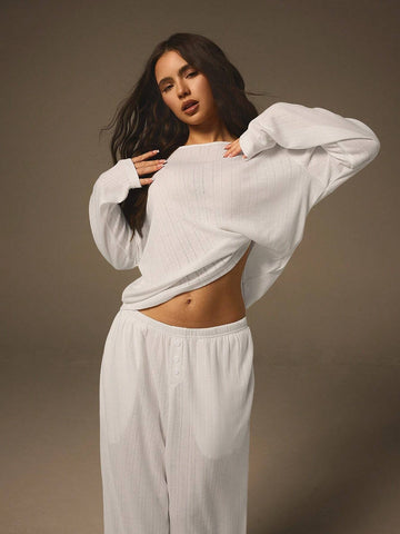 Athîral 2pcs Women White Color Pointelle In Description Round Neck Long Sleeve Simple Top And Pants Set Pajamas Winter Summer Fall Athîral 2pcs Women White Color Pointelle In Description Round Neck Long Sleeve Simple Top And Pants Set Pajamas Winter Summer Fall