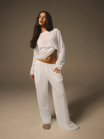 Athîral 2pcs Women White Color Pointelle In Description Round Neck Long Sleeve Simple Top And Pants Set Pajamas Winter Summer Fall Athîral 2pcs Women White Color Pointelle In Description Round Neck Long Sleeve Simple Top And Pants Set Pajamas Winter Summer Fall