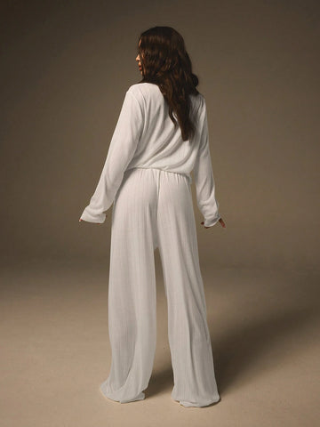 Athîral 2pcs Women White Color Pointelle In Description Round Neck Long Sleeve Simple Top And Pants Set Pajamas Winter Summer Fall Athîral 2pcs Women White Color Pointelle In Description Round Neck Long Sleeve Simple Top And Pants Set Pajamas Winter Summer Fall
