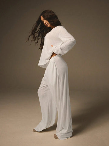 Athîral 2pcs Women White Color Pointelle In Description Round Neck Long Sleeve Simple Top And Pants Set Pajamas Winter Summer Fall Athîral 2pcs Women White Color Pointelle In Description Round Neck Long Sleeve Simple Top And Pants Set Pajamas Winter Summer Fall
