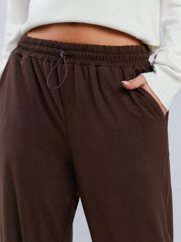 Athîral Women's Solid Color Elastic Waist Pocket Casual Pants Athîral Women's Solid Color Elastic Waist Pocket Casual Pants