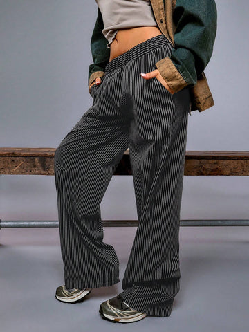 Athîral Women's Striped Print Elastic Waist Pocket Casual Pants Athîral Women's Striped Print Elastic Waist Pocket Casual Pants