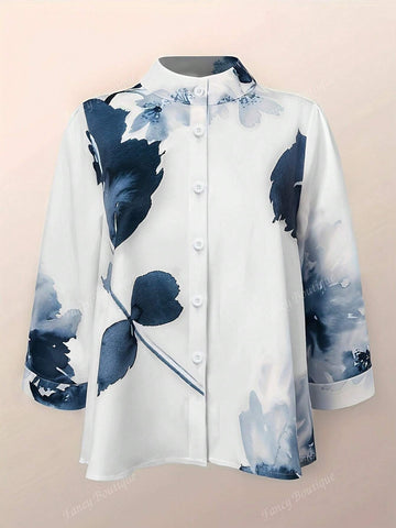 Floral Print Button-Front Long Sleeve Blouse, Fashion French Style Chic Floral, Maple Leaf, Big Flower Shirt Floral Print Button-Front Long Sleeve Blouse, Fashion French Style Chic Floral, Maple Leaf, Big Flower Shirt