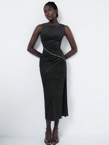 Aveloria Modichic Elegant Korean Flocked Metallic Chain Asymmetric Ruched Side Slit Bodycon Dress, Suitable For Commuting Aveloria Modichic Elegant Korean Flocked Metallic Chain Asymmetric Ruched Side Slit Bodycon Dress, Suitable For Commuting